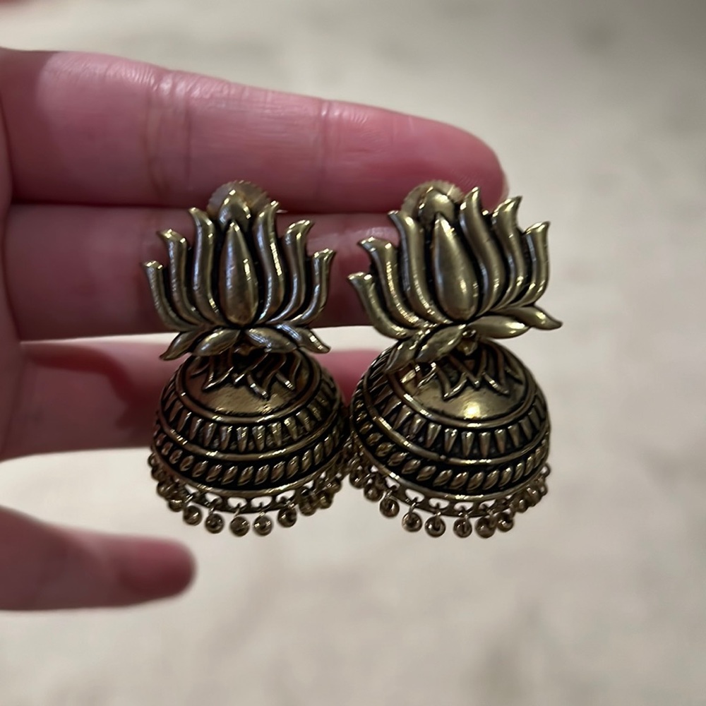 Gold Plated Lotus Oxidized Earrings